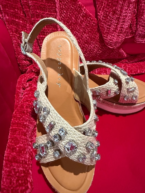 Copper Key Shoes - Copper Key Cream Jeweled Platform Slingback Sandals